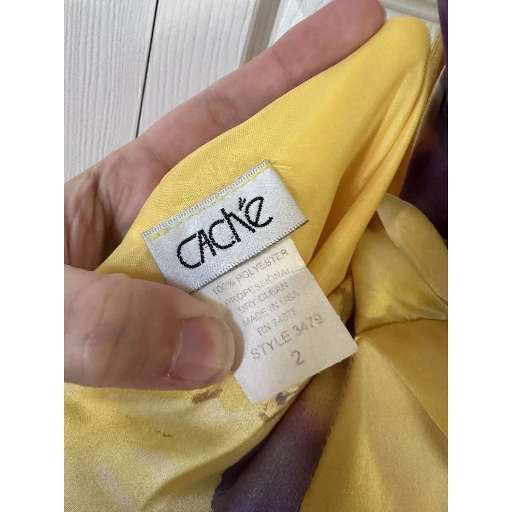 Vintage Cache Yellow Satin Halter Evening Formal Gown Floral Size 2 USA